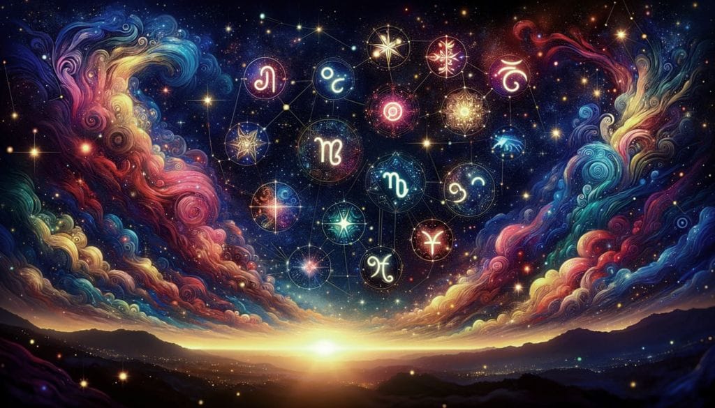 Colorful night sky adorned with stars and the signs of the zodiac, artistically integrated into a vibrant celestial scene