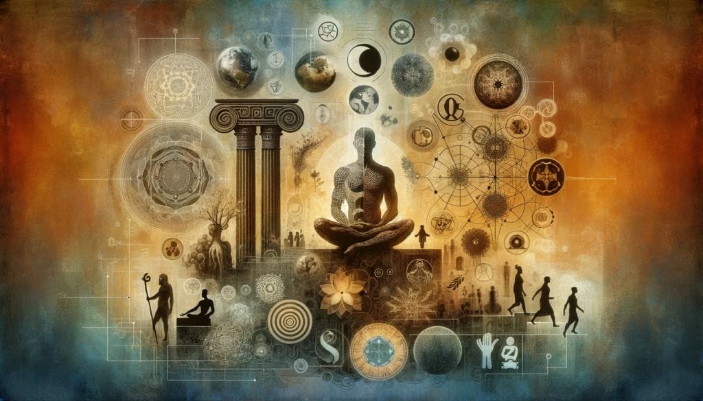 A collage featuring symbols of philosophy, sociology, anthropology, and spirituality, blending Greek columns, interconnected human figures, cultural artifacts, a globe, and mystical elements against a subtle background.