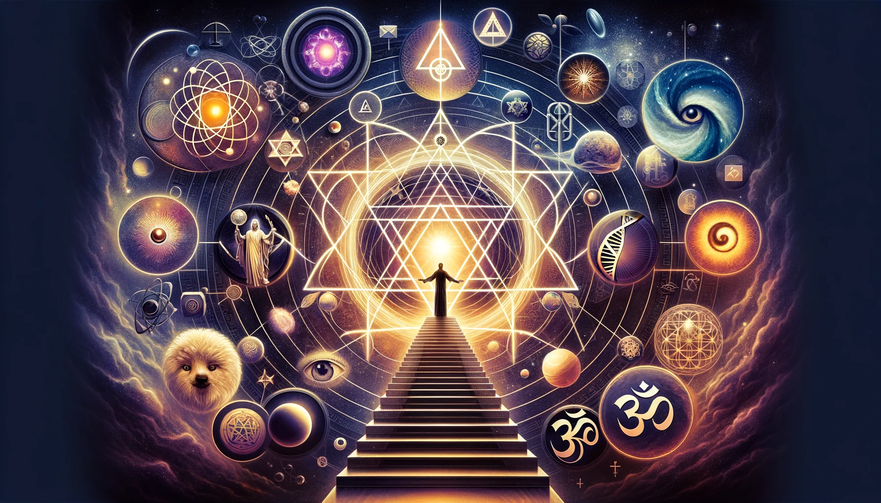 Theosophy as an esoteric framework, merging scientific symbols, philosophical imagery, and religious icons into a cohesive visual representation of unity and the search for deeper existential truths.
